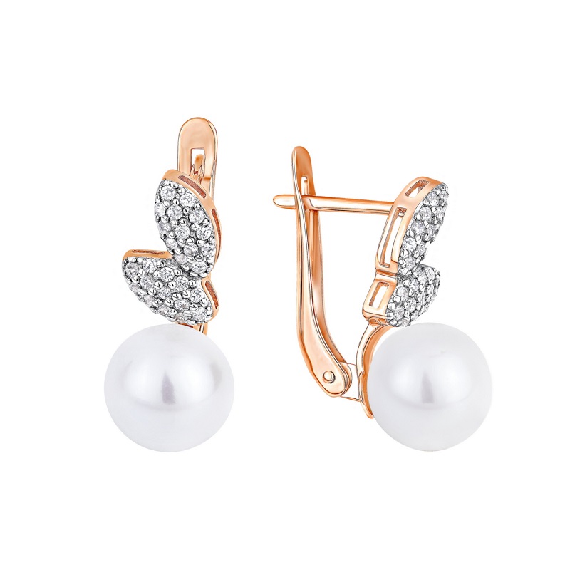 Ювелирное изделие - Серьги из красного золота с жемчугом и фианитами в магазине Best-Gold 144154