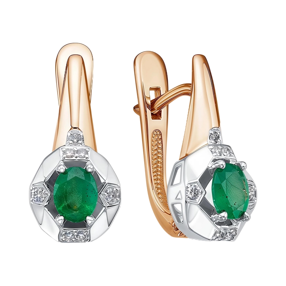 Ювелирное изделие - Серьги из красного золота с изумрудами и бриллиантами в магазине Best-Gold 153733