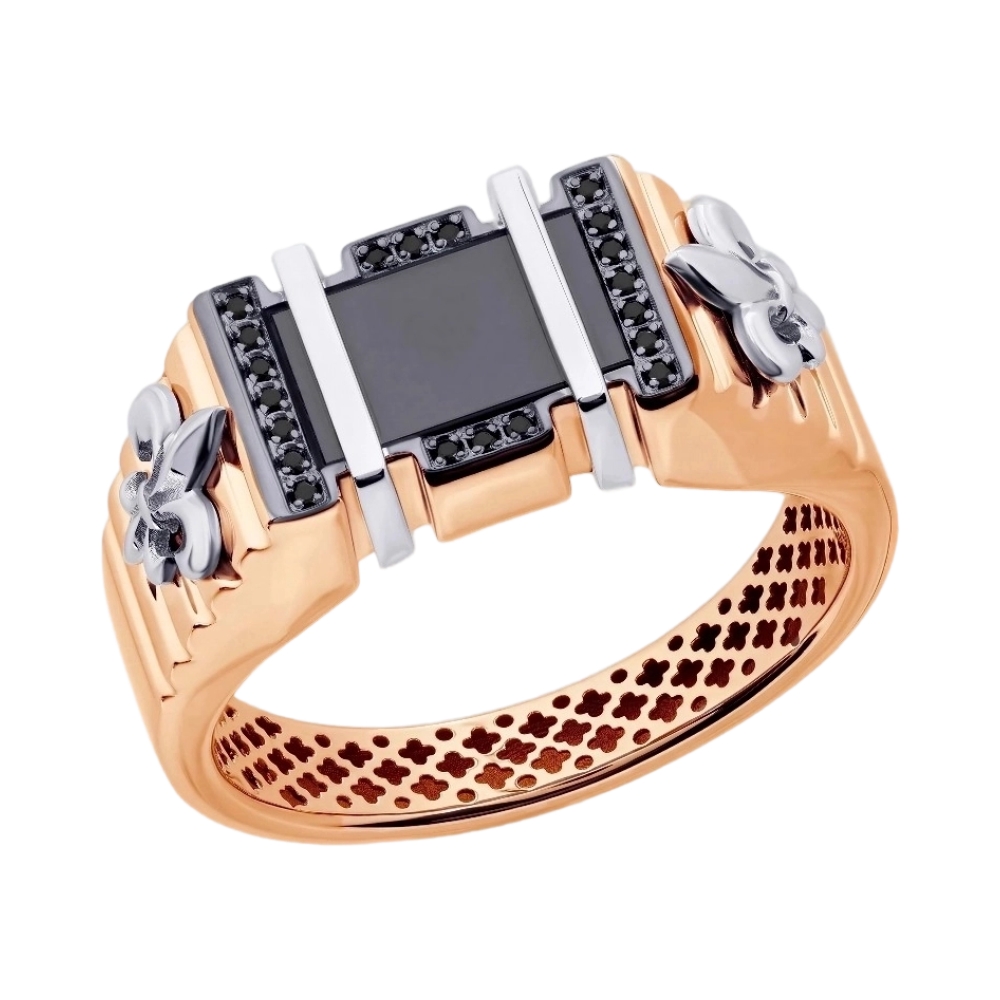 Кольцо из красного золота с ониксом и фианитами