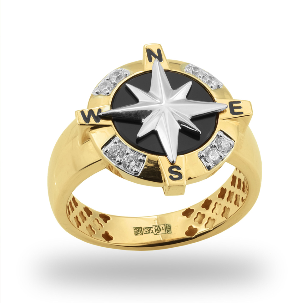 Мужская печатка из желтого золота с ониксом и фианитами