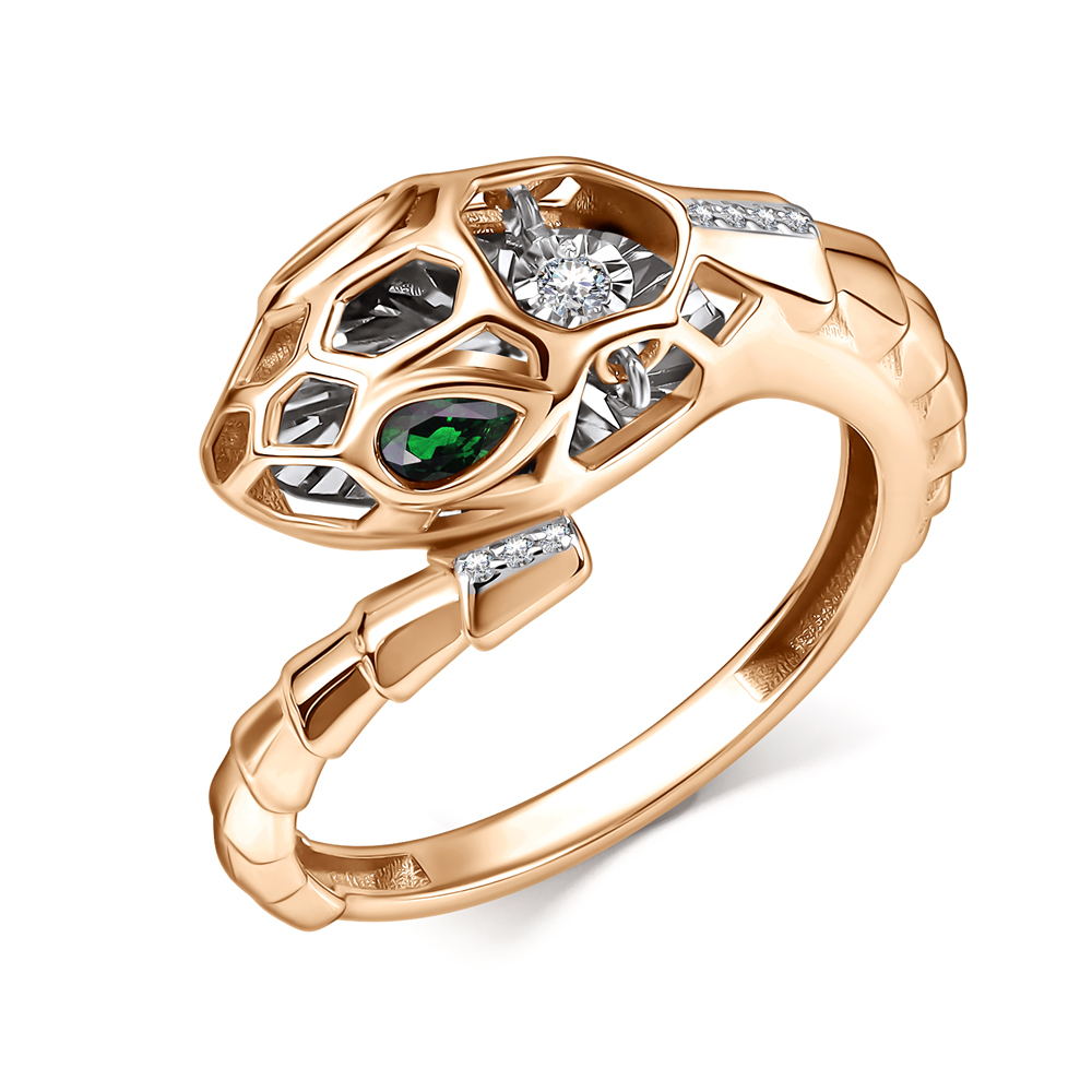 Ювелирное изделие - Кольцо из красного золота с изумрудом и бриллиантами в магазине Best-Gold 151358